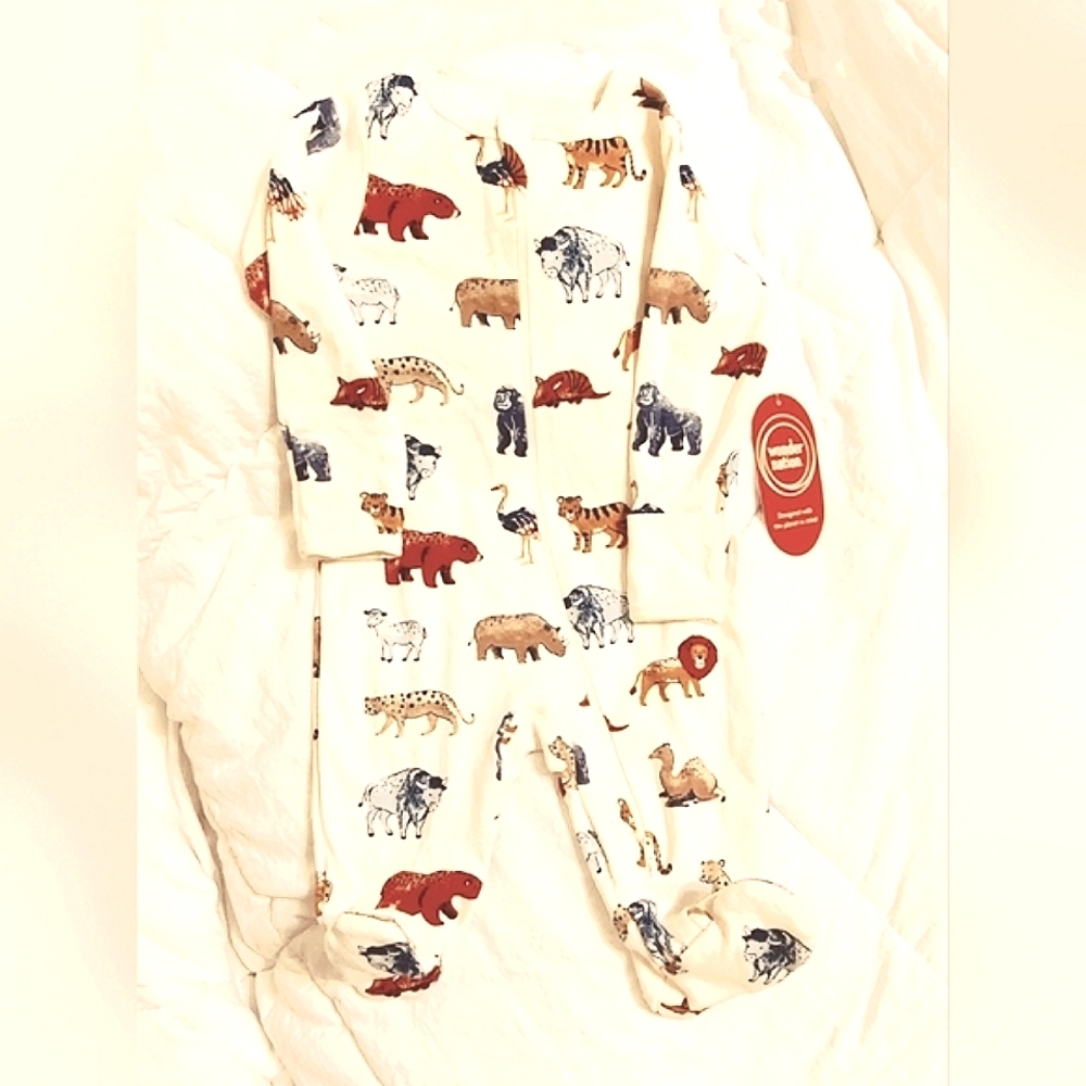 🧮6/$20 Wonder Nation Unisex PJs x2 Ivory & Safari Animals Sz. 0-3 mos - Picture 2 of 9